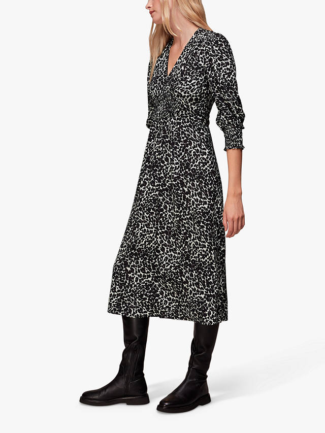 Whistles Leopard Print Shirred Dress, Black/Multi
