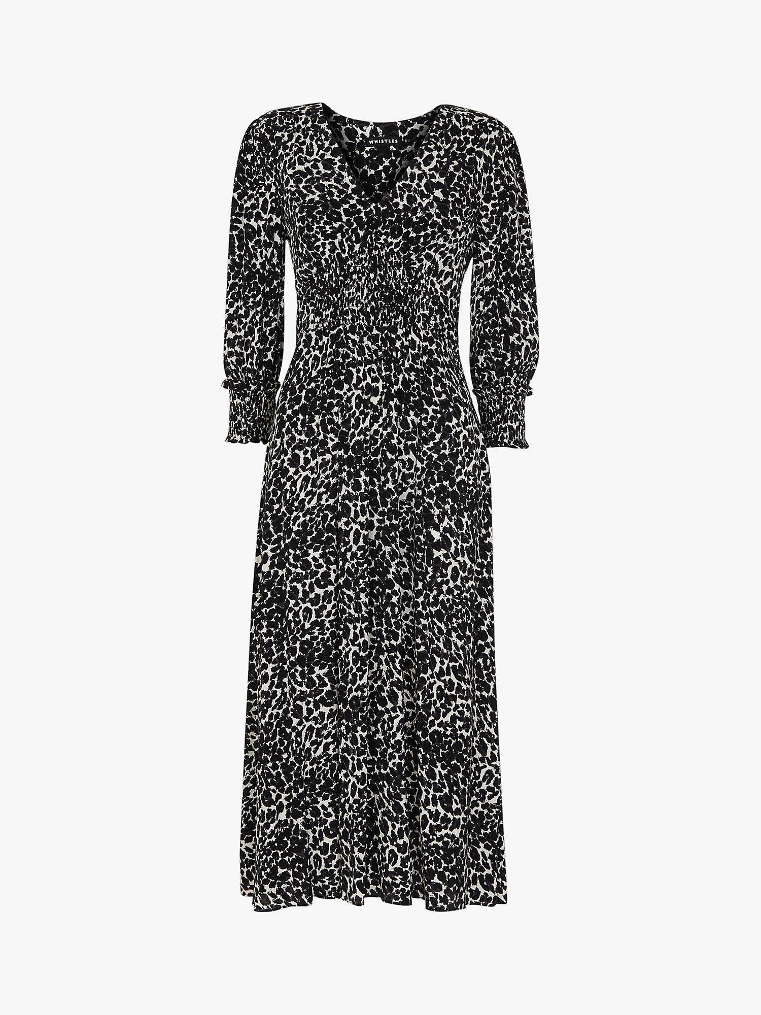 Whistles Leopard Print Shirred Dress, Black/Multi at John Lewis & Partners