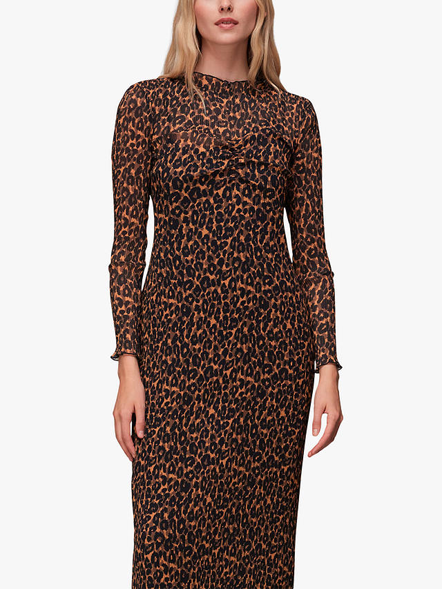 Whistles Leopard Plisse Midi Dress, Orange/Multi