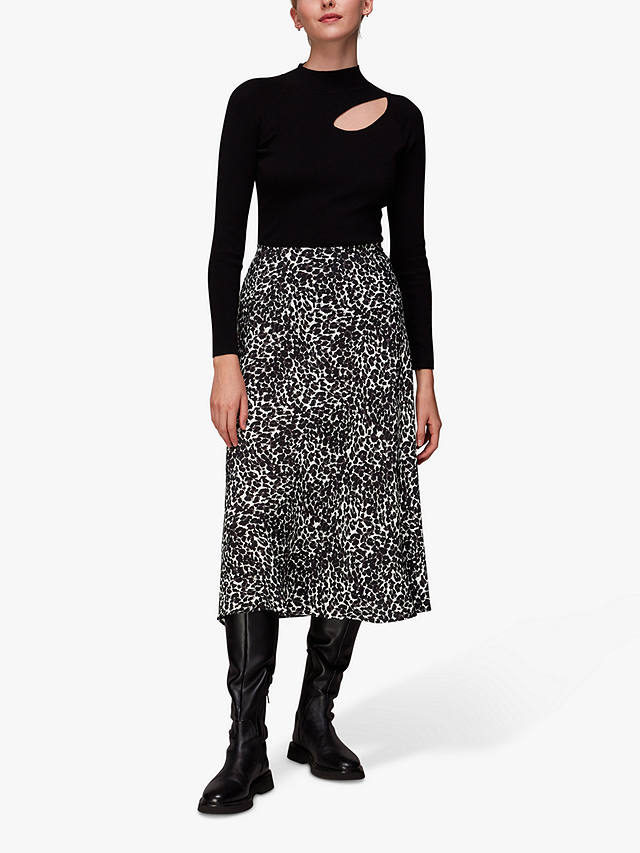 Whistles Shadow Leopard Print Bias Midi Skirt, Black/Multi