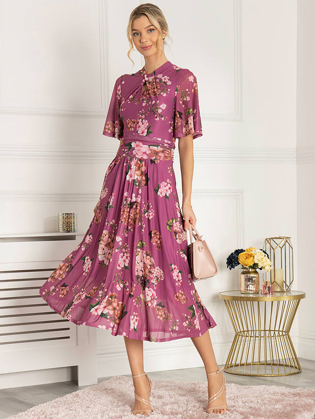 Jolie Moi Danika Keyhole Floral Mesh Midi Dress, Purple
