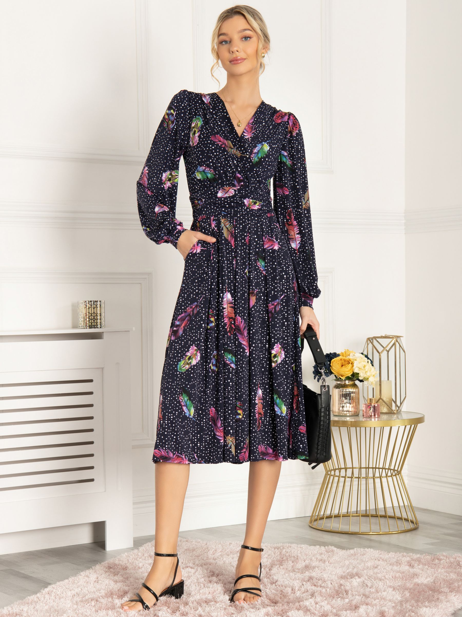 Buy Jolie Moi Harper Feather Jersey Knee Length Dress, Navy/Multi Online at johnlewis.com