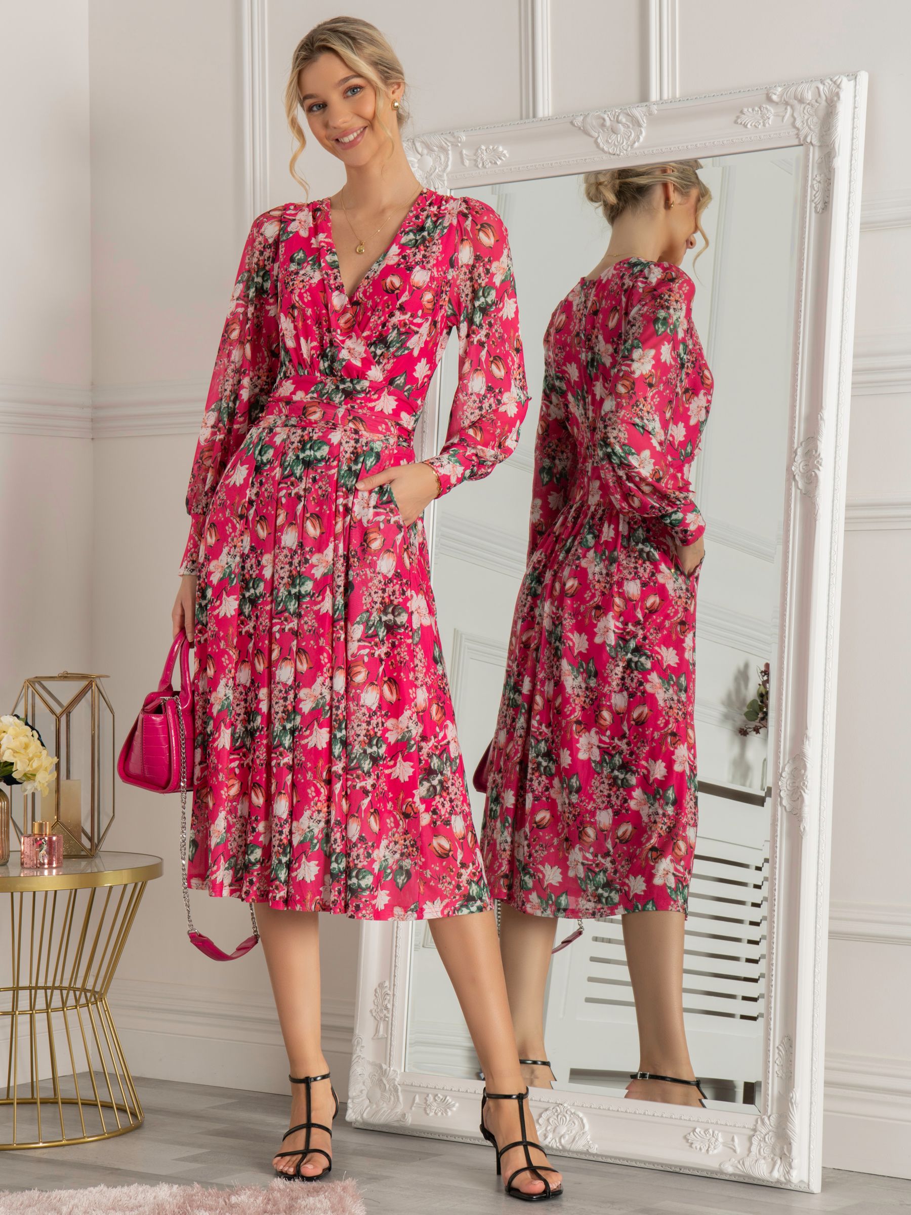 Jolie Moi Eileen Floral Mesh Midi Dress, Hot Pink at John Lewis & Partners
