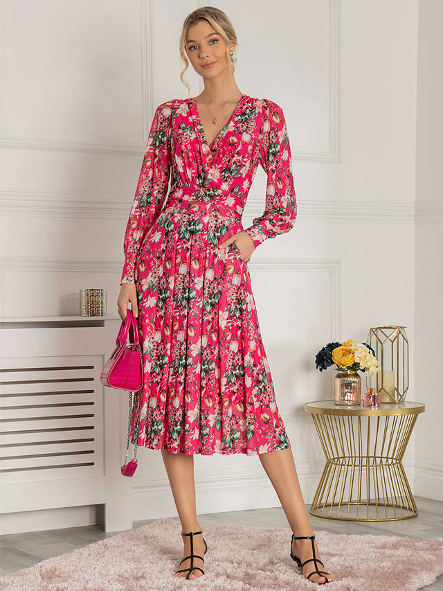 Jolie Moi Eileen Floral Mesh Midi Dress, Hot Pink