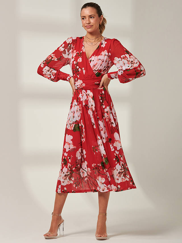 Jolie Moi Eileen Floral Mesh Midi Dress, Red