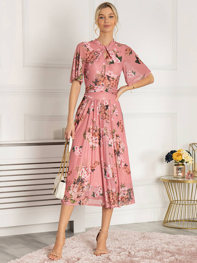 Jolie Moi Danika Keyhole Floral Mesh Midi Dress, Mauve Pink