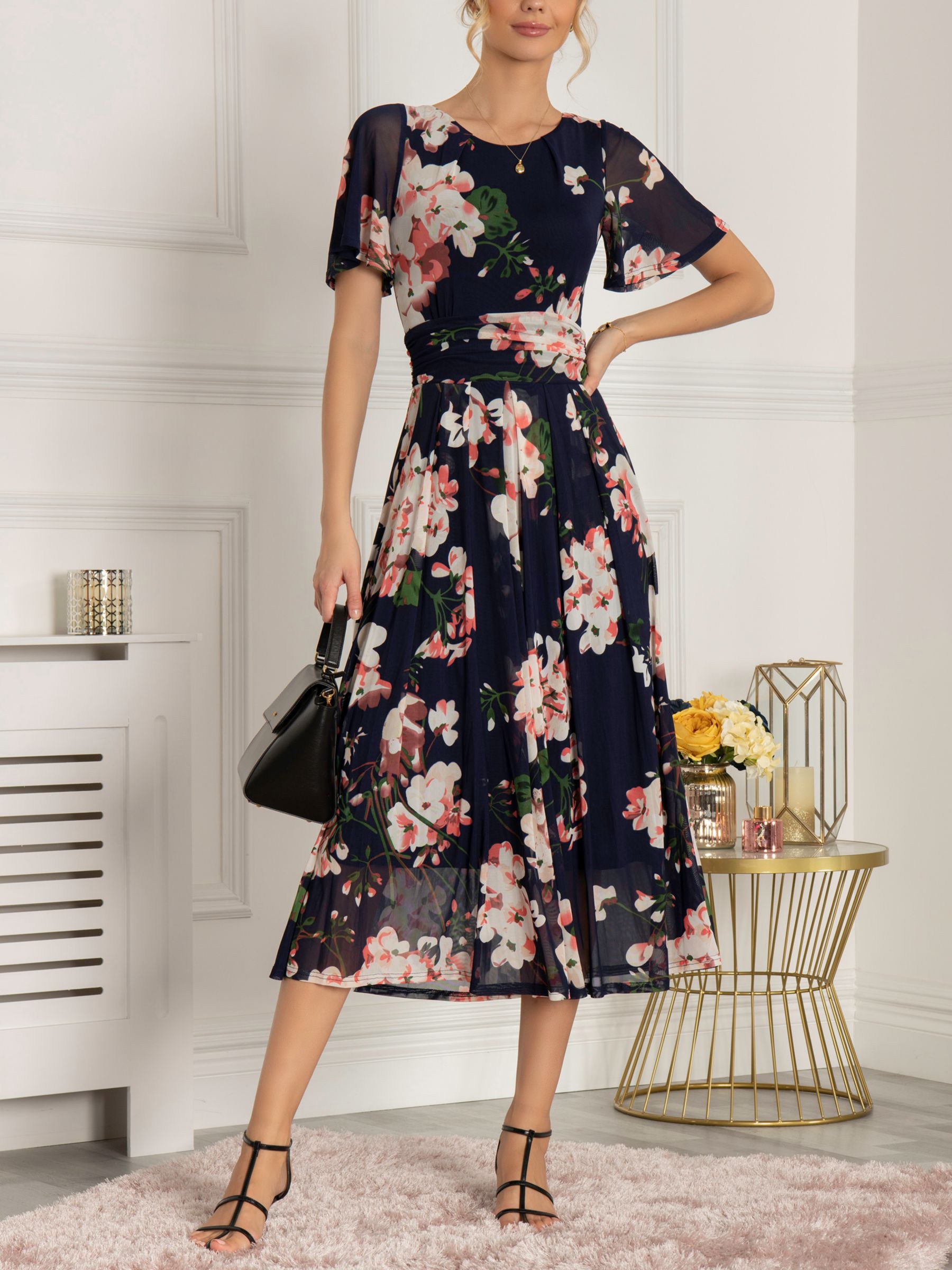 Jolie Moi Sapphire Floral Mesh Midi Dress, Navy at John Lewis & Partners