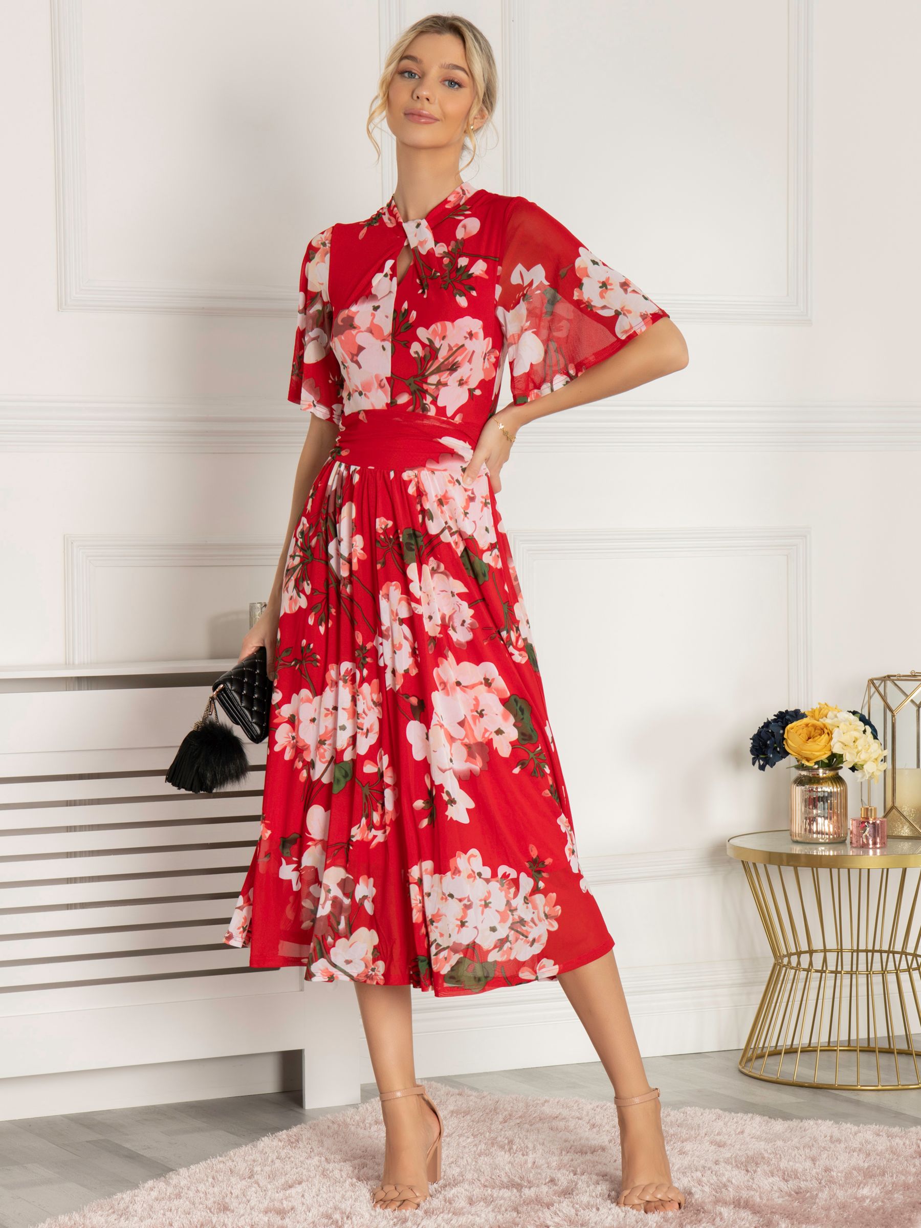 Jolie Moi Danika Keyhole Floral Mesh Midi Dress, Red at John Lewis ...