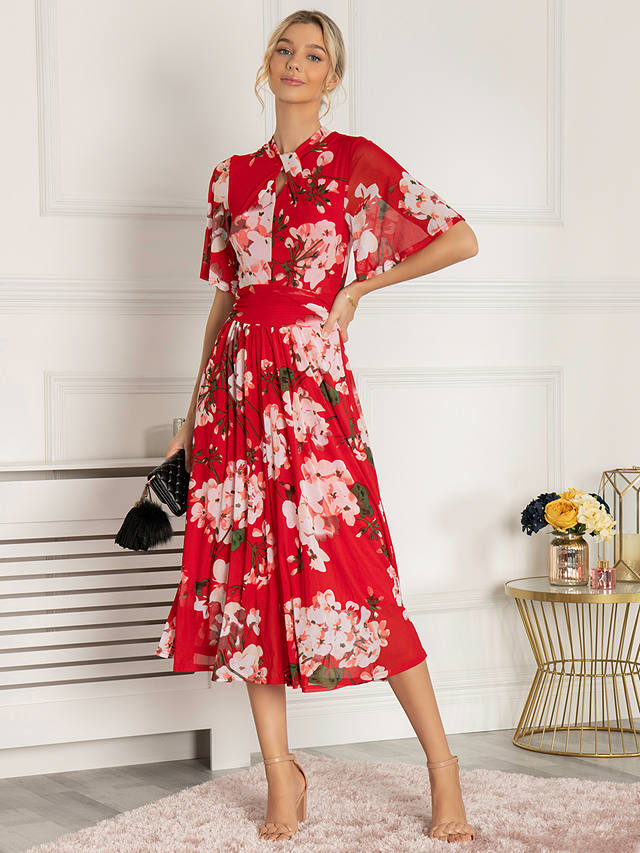 Jolie Moi Danika Keyhole Floral Mesh Midi Dress, Red