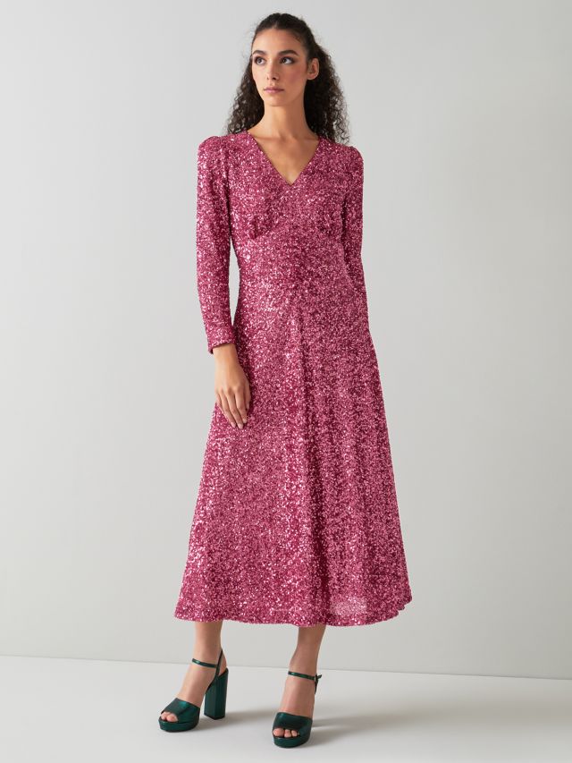 L.K.Bennett Gabrielle Sequin Midi Dress, Pink, 6