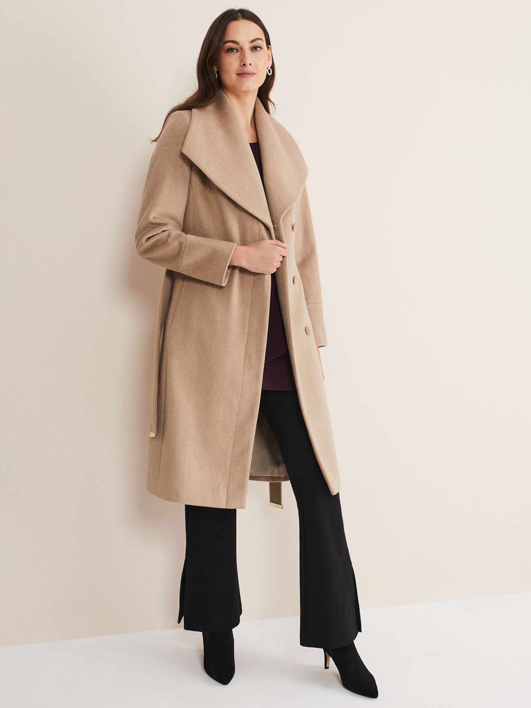 Phase Eight Nicci Belted Wool Blend Coat, Camel at John Lewis & Partners