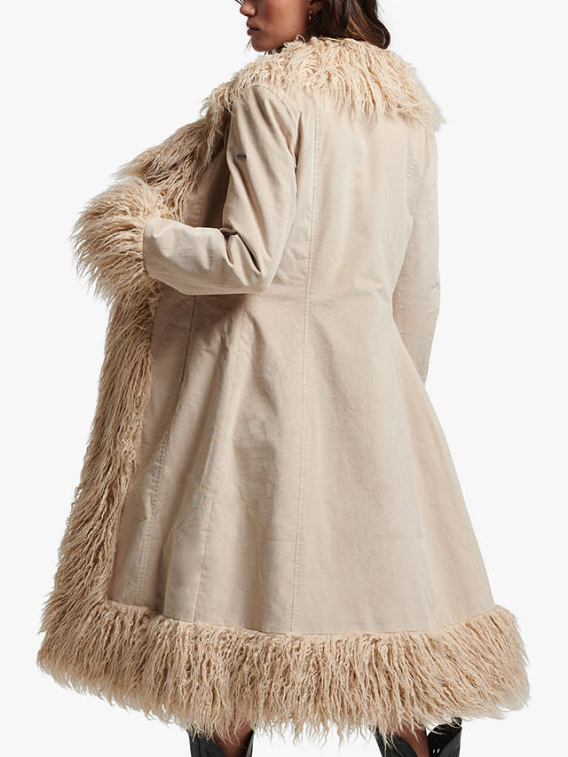 Superdry Faux Fur Lined Longline Afghan Coat, Taupe Brown