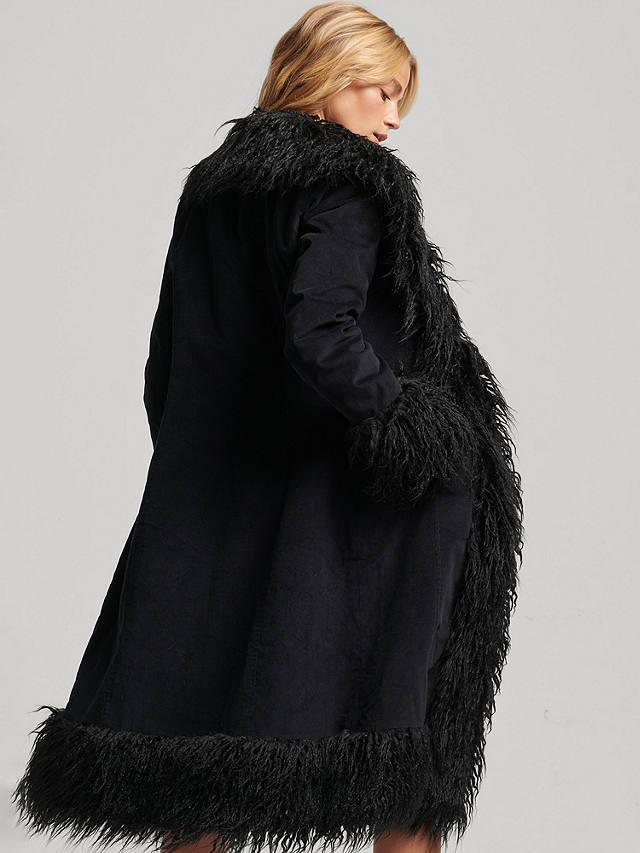 Superdry Faux Fur Lined Longline Afghan Coat, Black