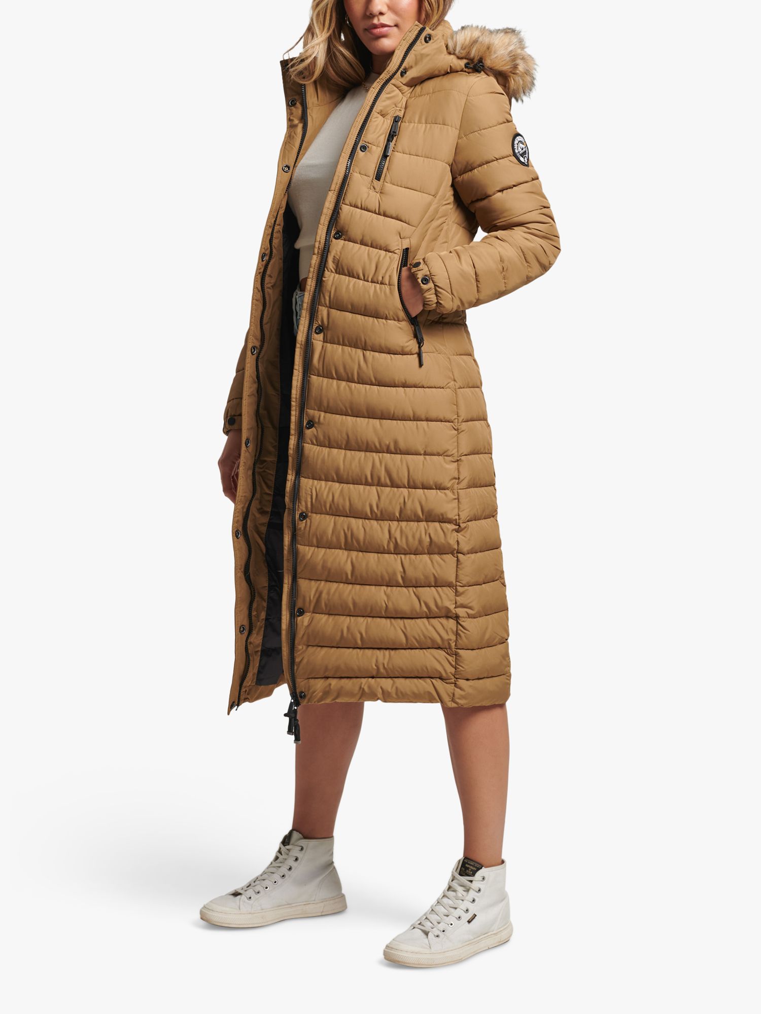 Superdry Faux Fur Hooded Longline Light Padded Puffer Coat - Women's Womens  Jackets