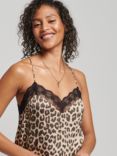 Superdry Lace Trim Satin Slip Mini Dress, Natural Leopard