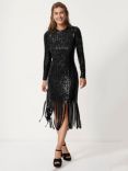 Mint Velvet Sequin Fringe Midi Dress, Black