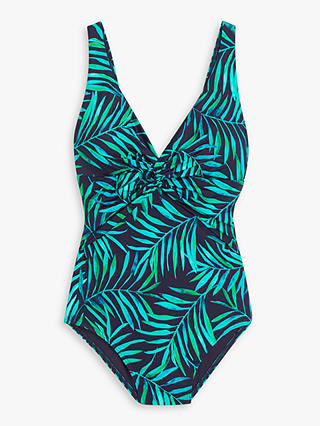 John Lewis Nassau Twist Front Leaf Print Swimsuit, Navy/Green