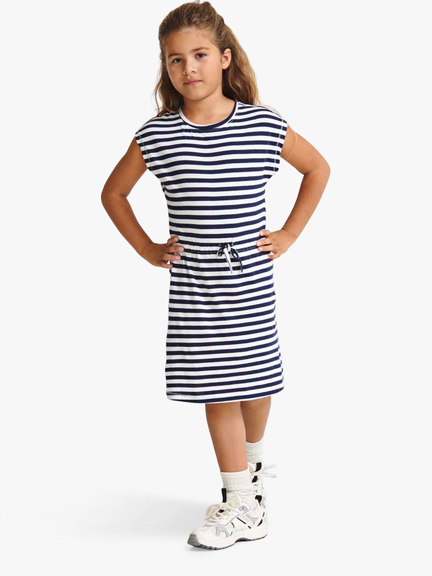 ONLY Kids' Konmay Cap Sleeve Tie Stripe Dress, Navy Blazer, 13-14 years
