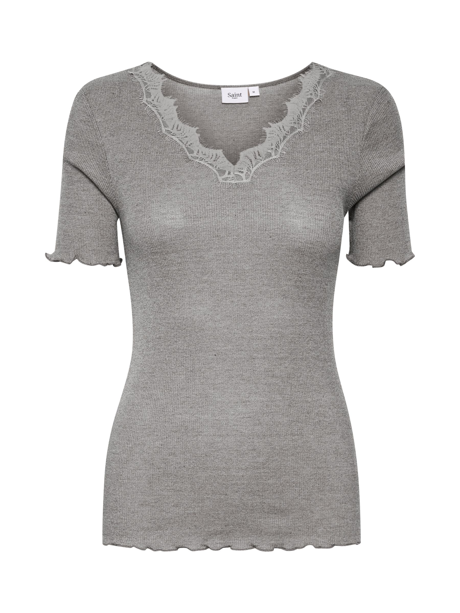 Saint Tropez Maya Cotton and Silk Lace Trim T-Shirt, Mist Grey Melange ...