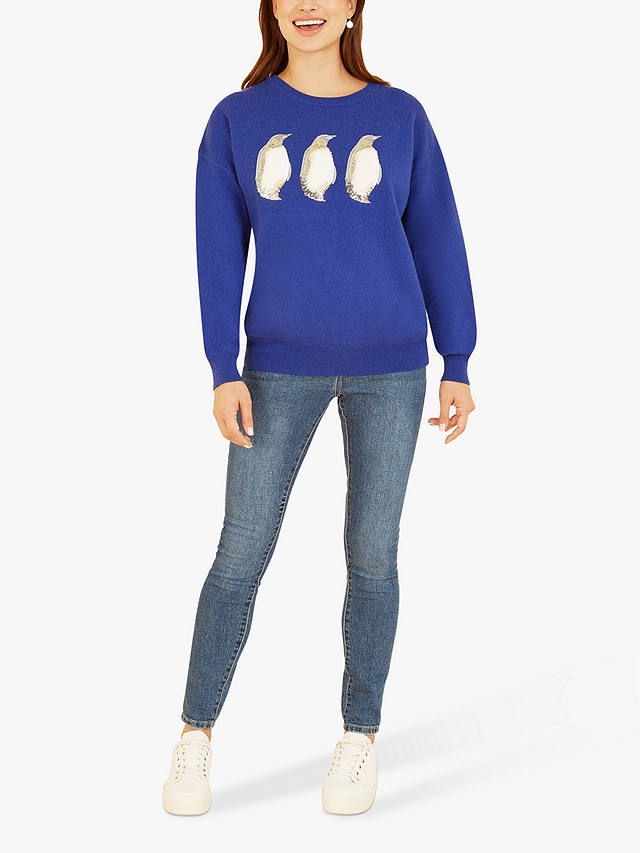 Yumi Festive Penguin Knitted Jumper, Blue