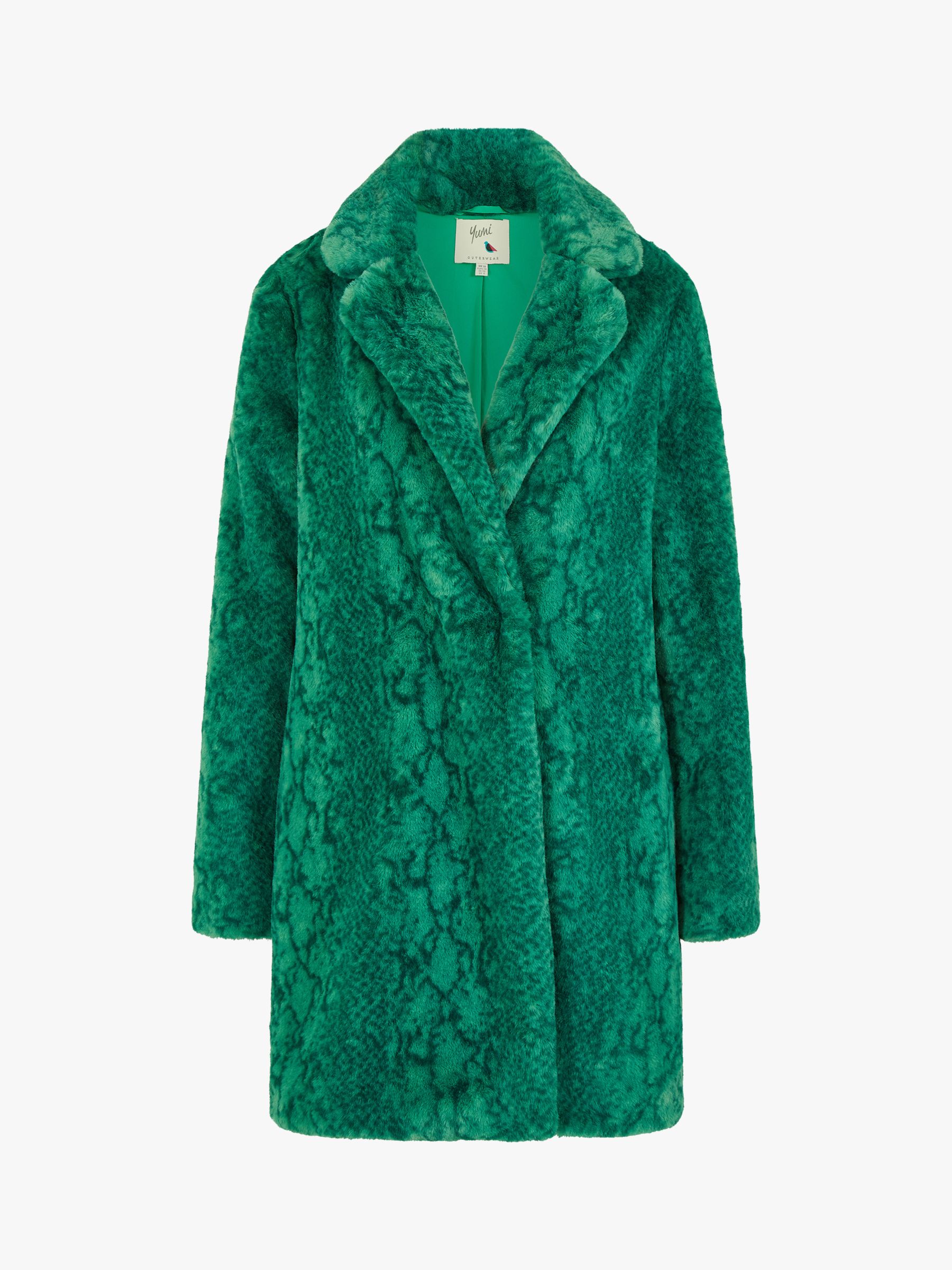 Yumi Snakeskin Print Faux Fur Coat, Green at John Lewis & Partners