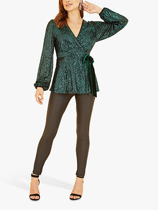 Yumi Sequin Wrap Top, Green