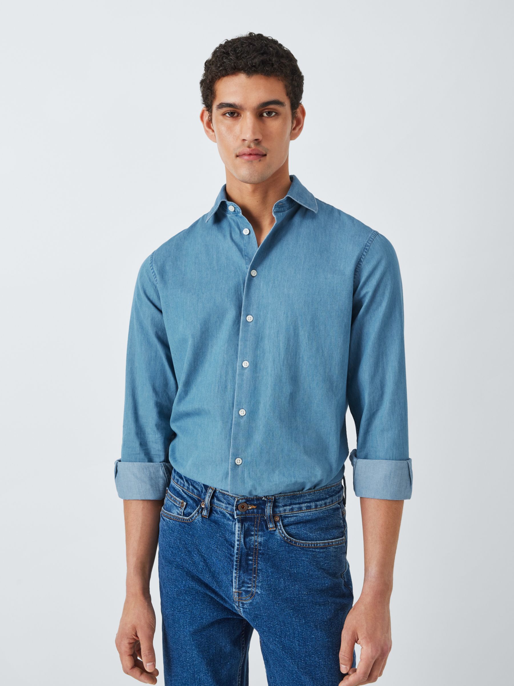 John Lewis Denim Tailored Fit Shirt, Blue at John Lewis & Partners