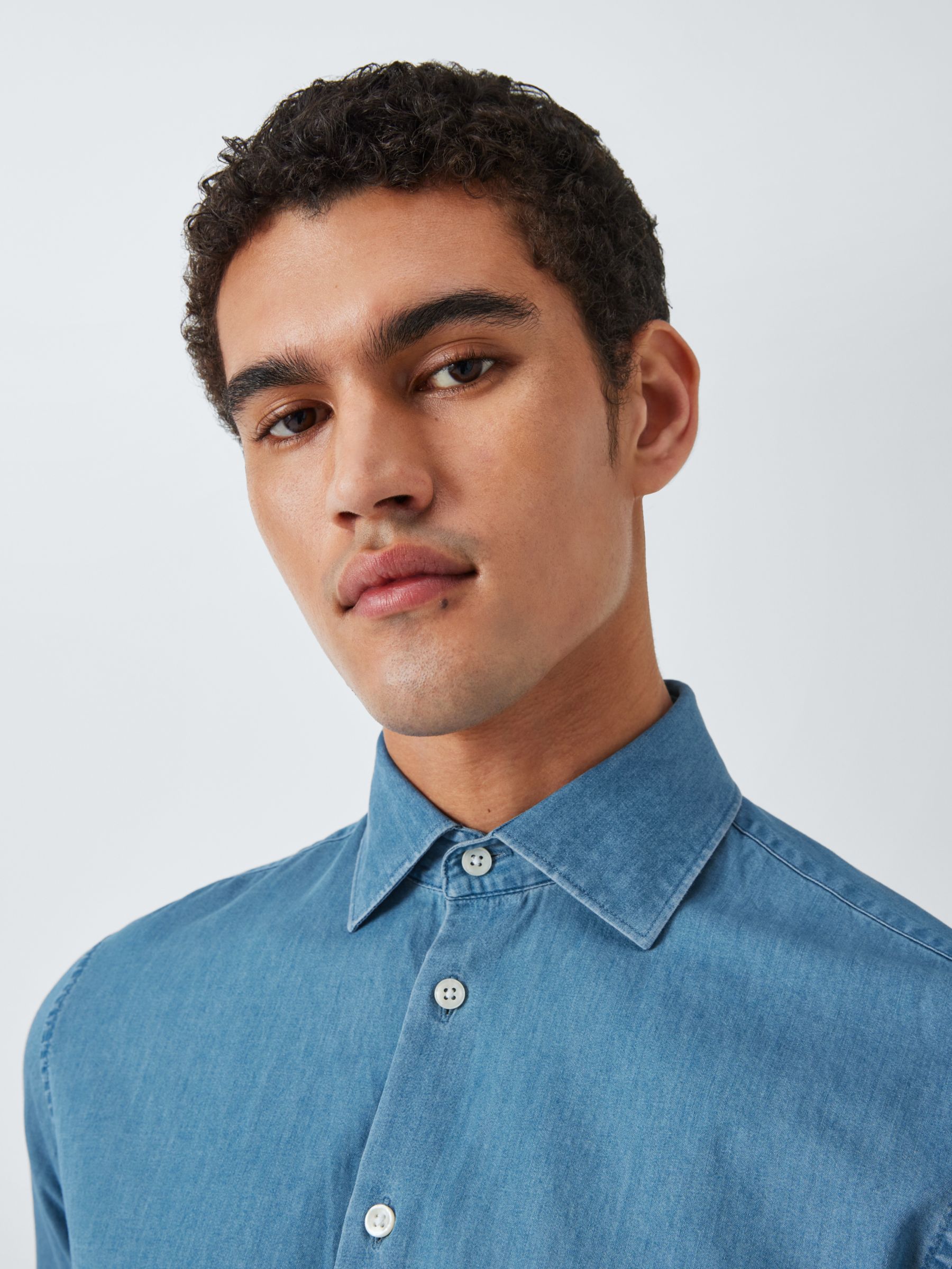 John Lewis Denim Tailored Fit Shirt, Blue at John Lewis & Partners