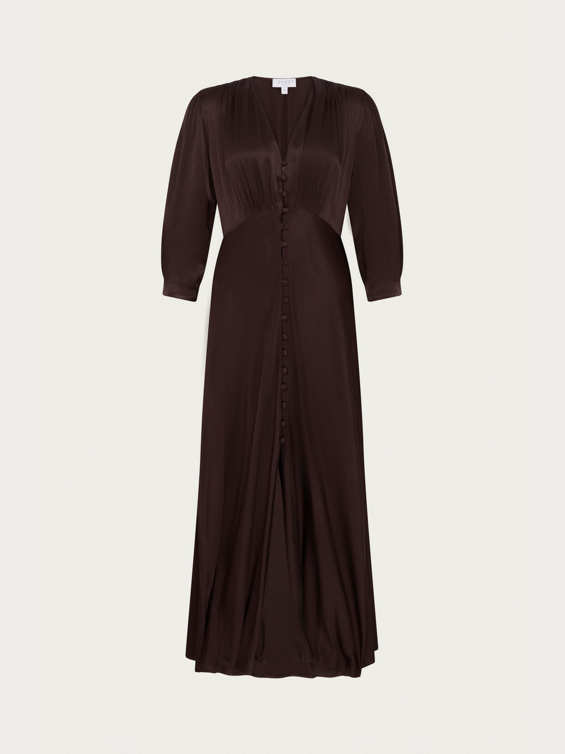 Ghost Madison Satin Midi Dress, Dark Chocolate at John Lewis & Partners