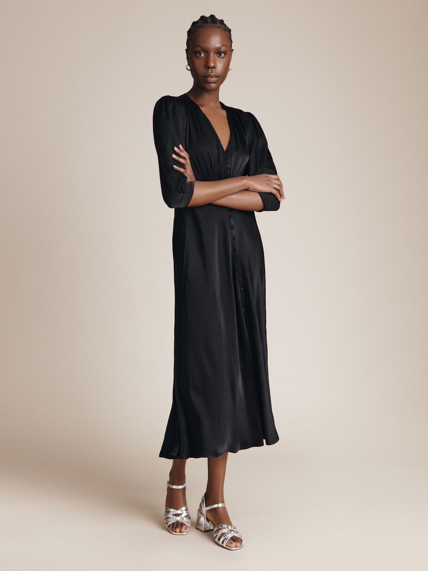 Ghost Madison Satin Midi Dress, Black at John Lewis & Partners