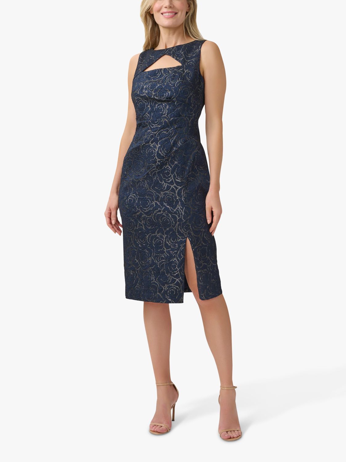 Adrianna Papell Metallic Jacquard Sheath Dress Navy 6