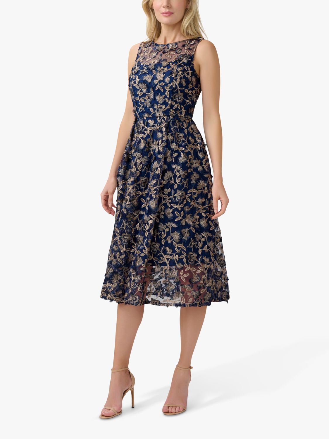 Adrianna Papell 3D Embroidery Fit And Flare Dress, Navy/Rose Gold at ...