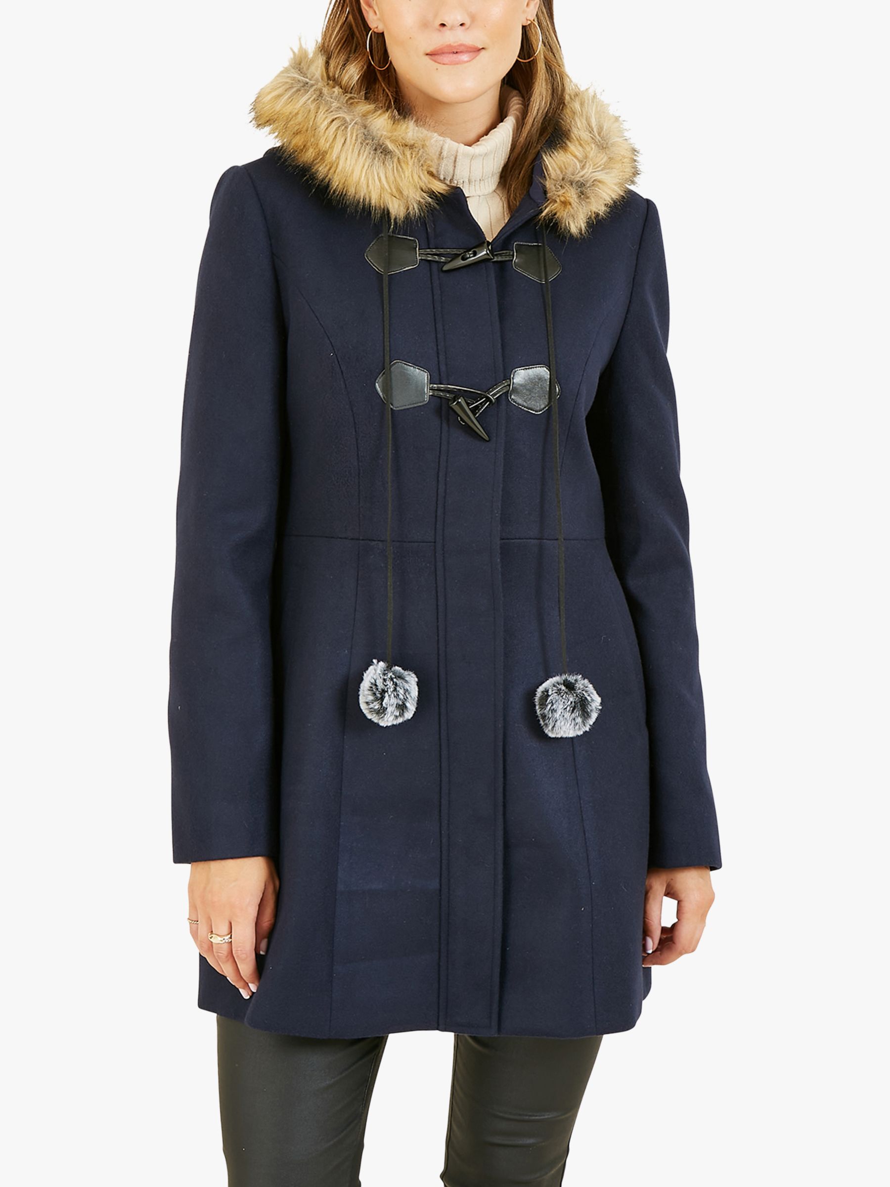 Yumi Fur Trim Duffle Coat, Navy