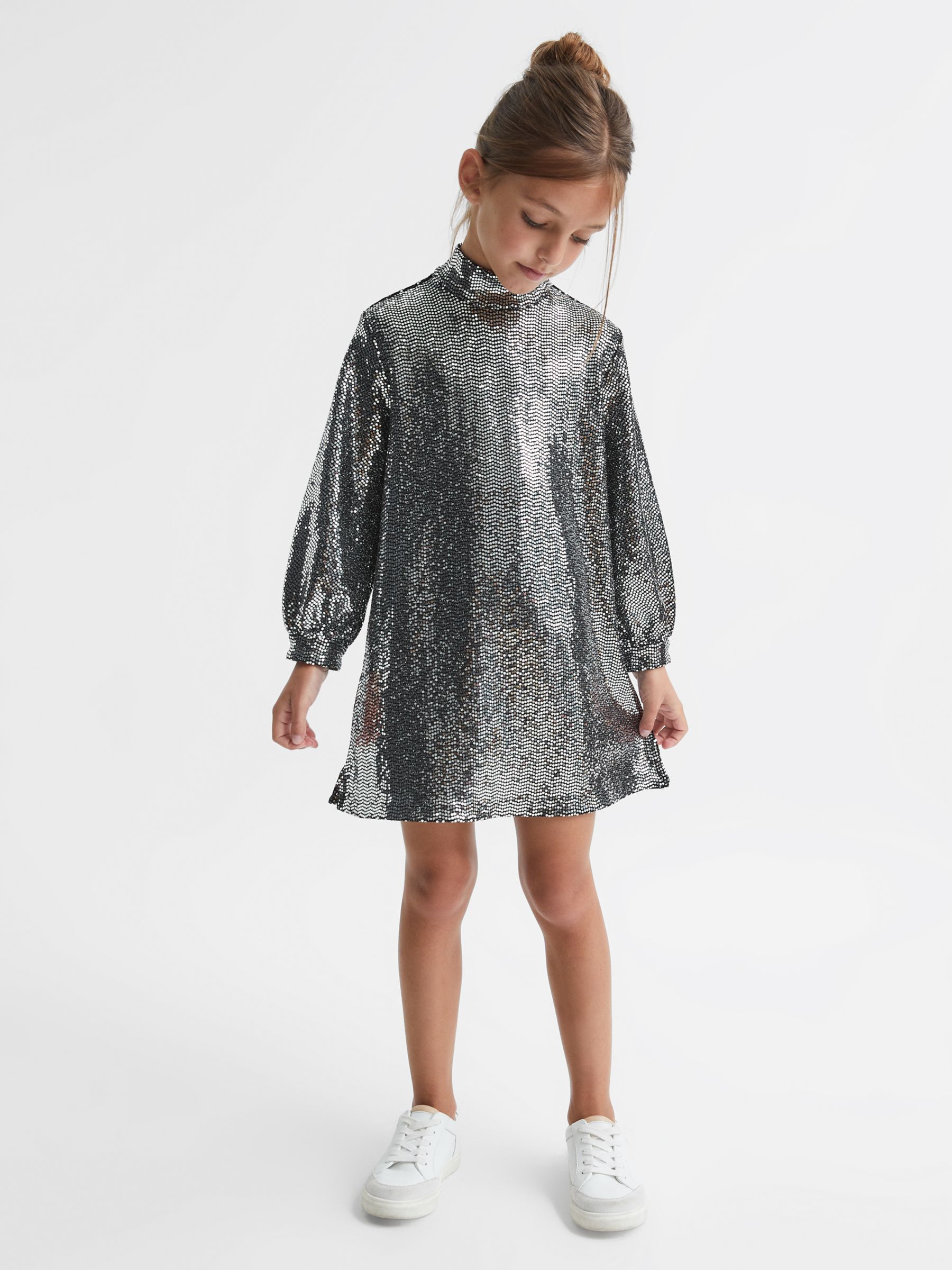 Reiss Kids' Ariana Sequin Skater Dress, Silver at John Lewis & Partners