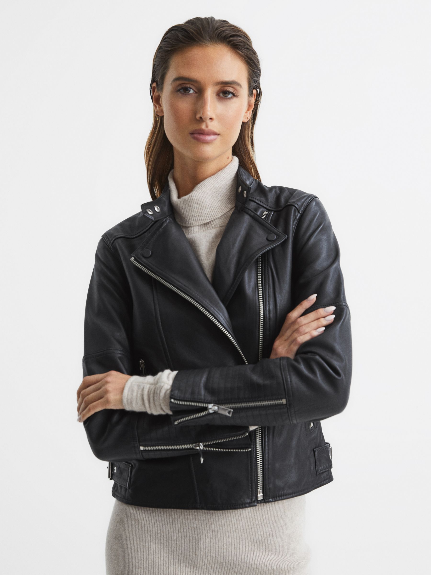Reiss Tallis Leather Jacket, Black at John Lewis & Partners