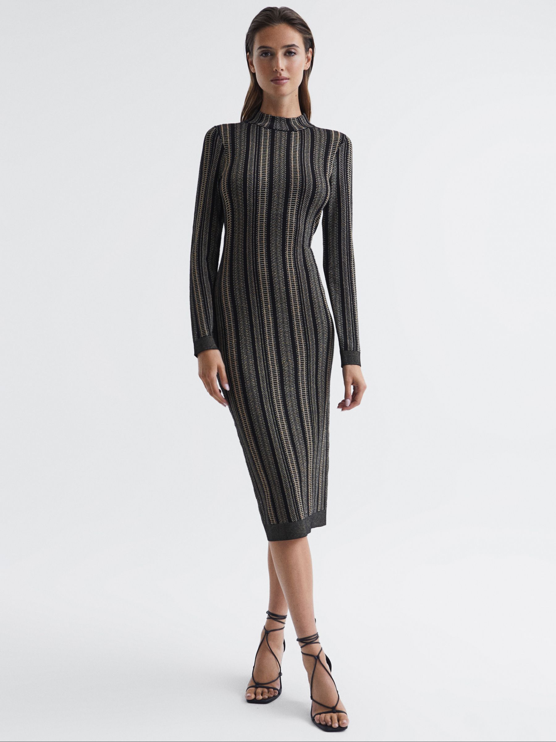 Reiss Skylar Metallic Striped Knitted Midi Dress, Black/Gold, XS