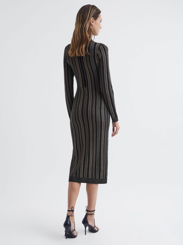 Reiss Skylar Metallic Striped Knitted Midi Dress, Black/Gold, XS