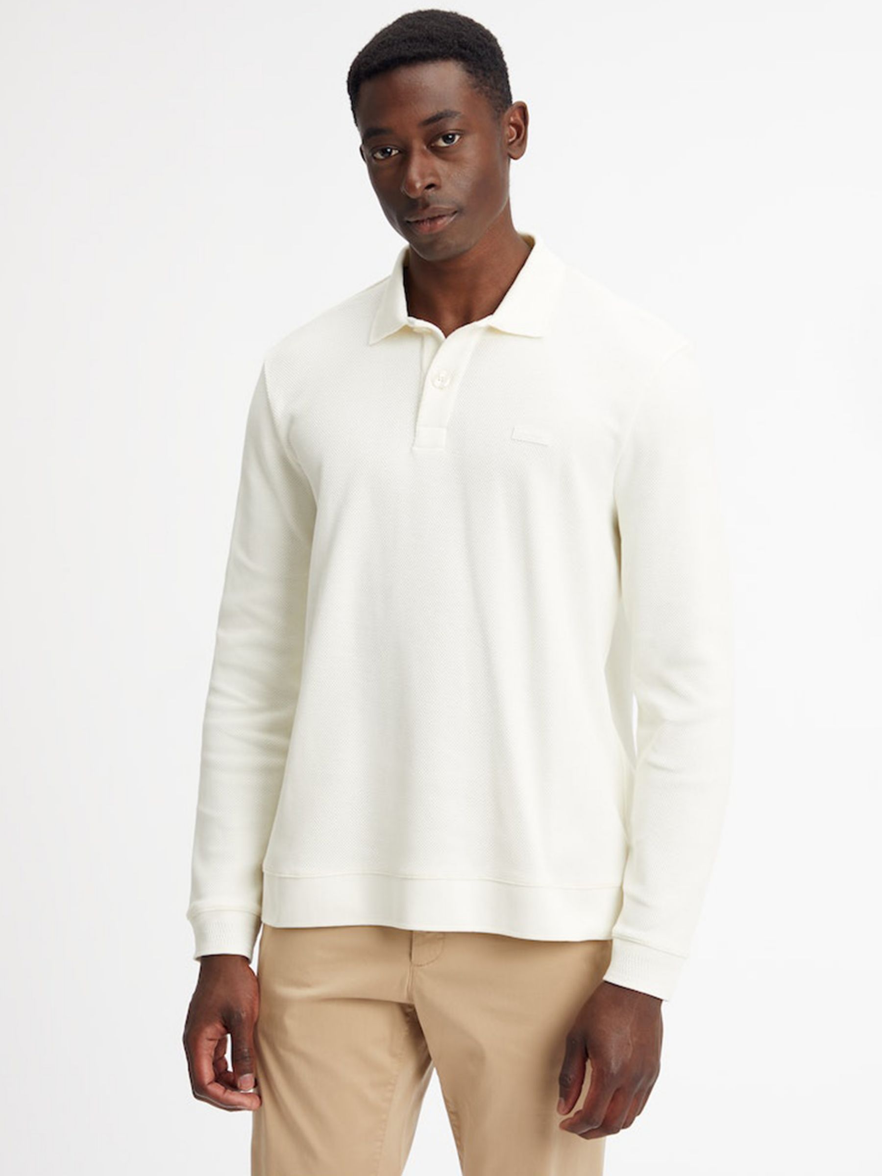 Calvin Klein Regular Fit Plain Long Sleeve Pique Polo Shirt, Vanilla Ice, L