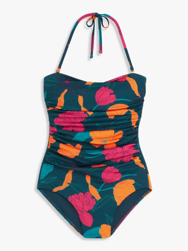 John Lewis Barbuda Bandeau Swimsuit, Teal/Pink/Orange, 8