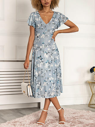 Jolie Moi Floral Print Mesh Midi Dress, Dusky Blue