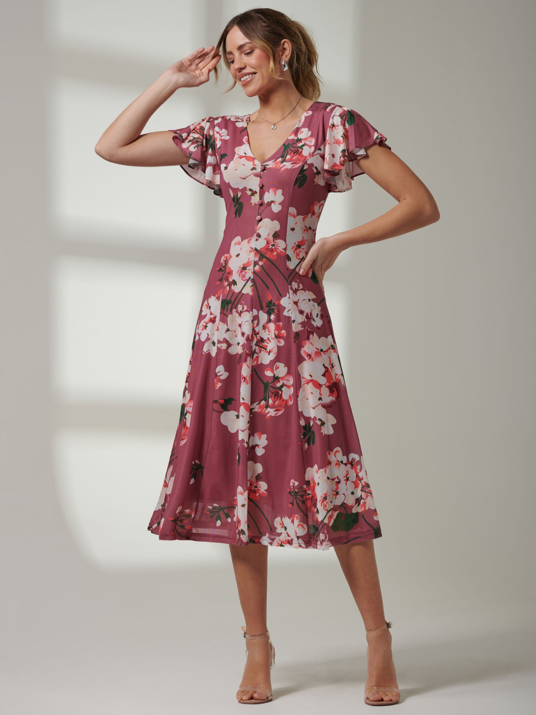 Buy Jolie Moi Bellona Fit & Flare Floral Mesh Knee Length Dress, Dark Mauve Online at johnlewis.com