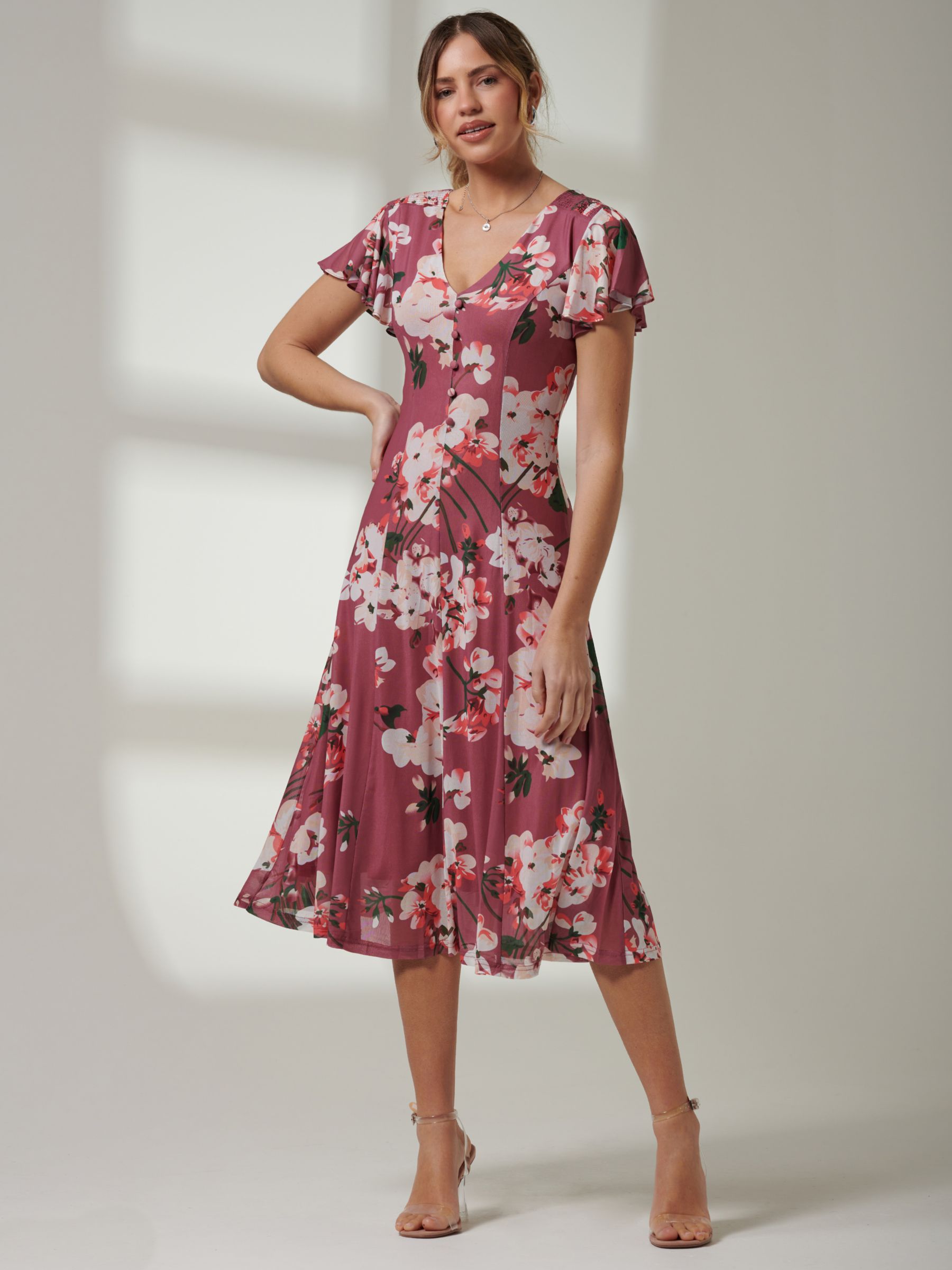Buy Jolie Moi Bellona Fit & Flare Floral Mesh Knee Length Dress, Dark Mauve Online at johnlewis.com