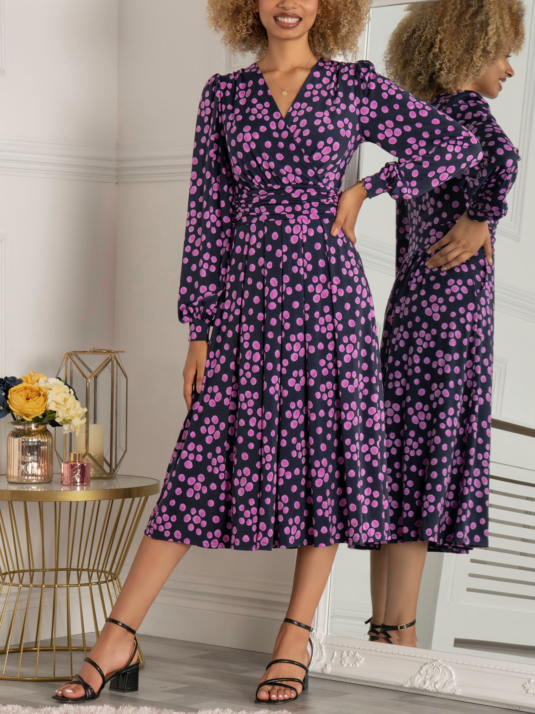 Jolie Moi Long Sleeve Spot Midi Jersey Dress, Navy/Purple