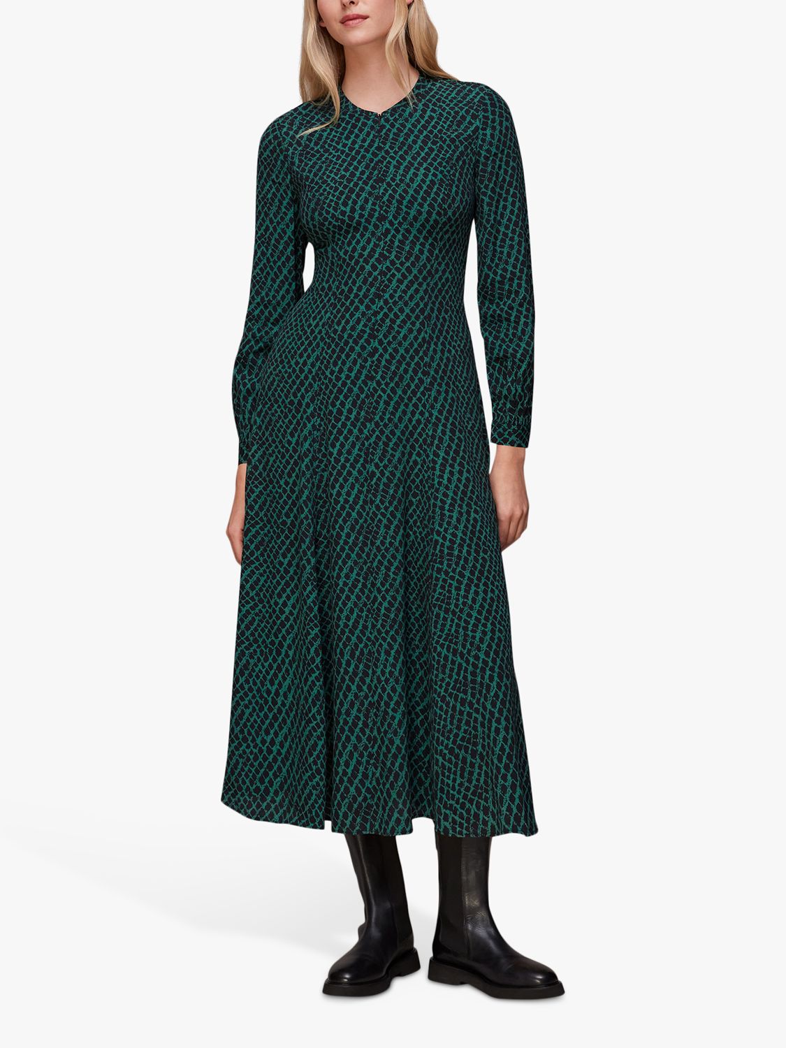 Whistles Brushed Geo Print Midi Dress, Green/Multi at John Lewis & Partners