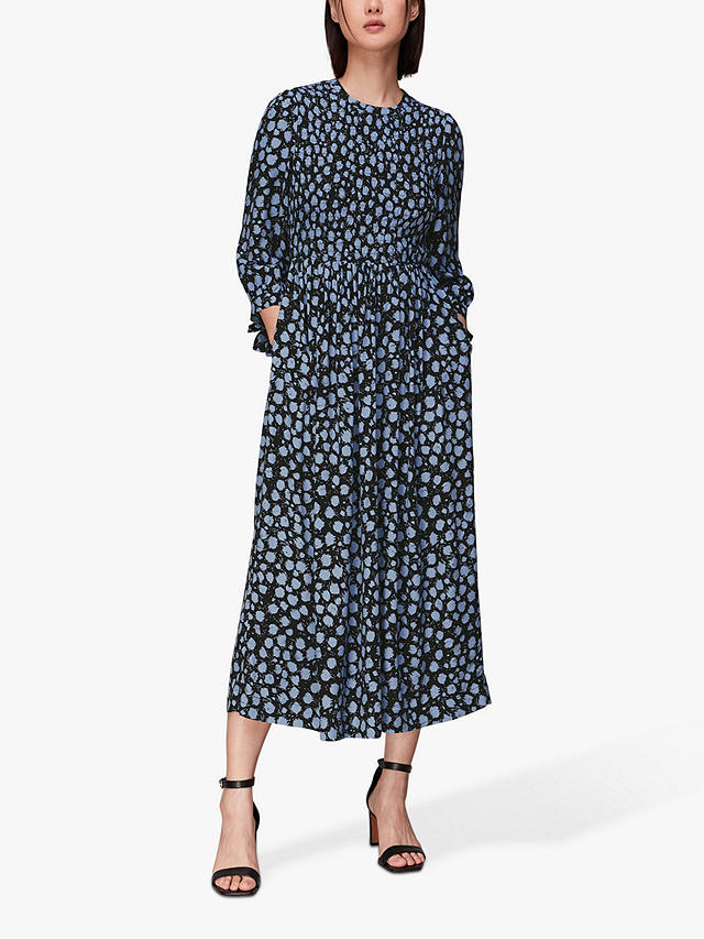 Whistles Dalmatian Shirred Waist Midi Dress, Blue/Multi