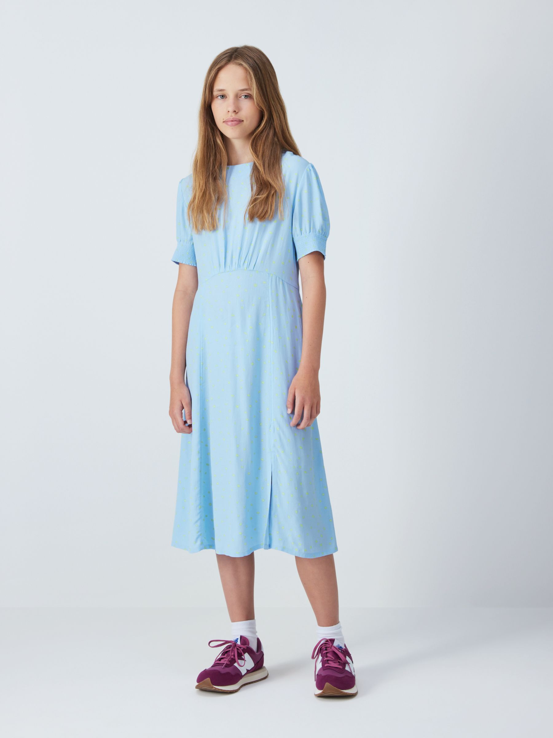 John Lewis Kids' Floral Shirred Midi Dress, Chambray Blue