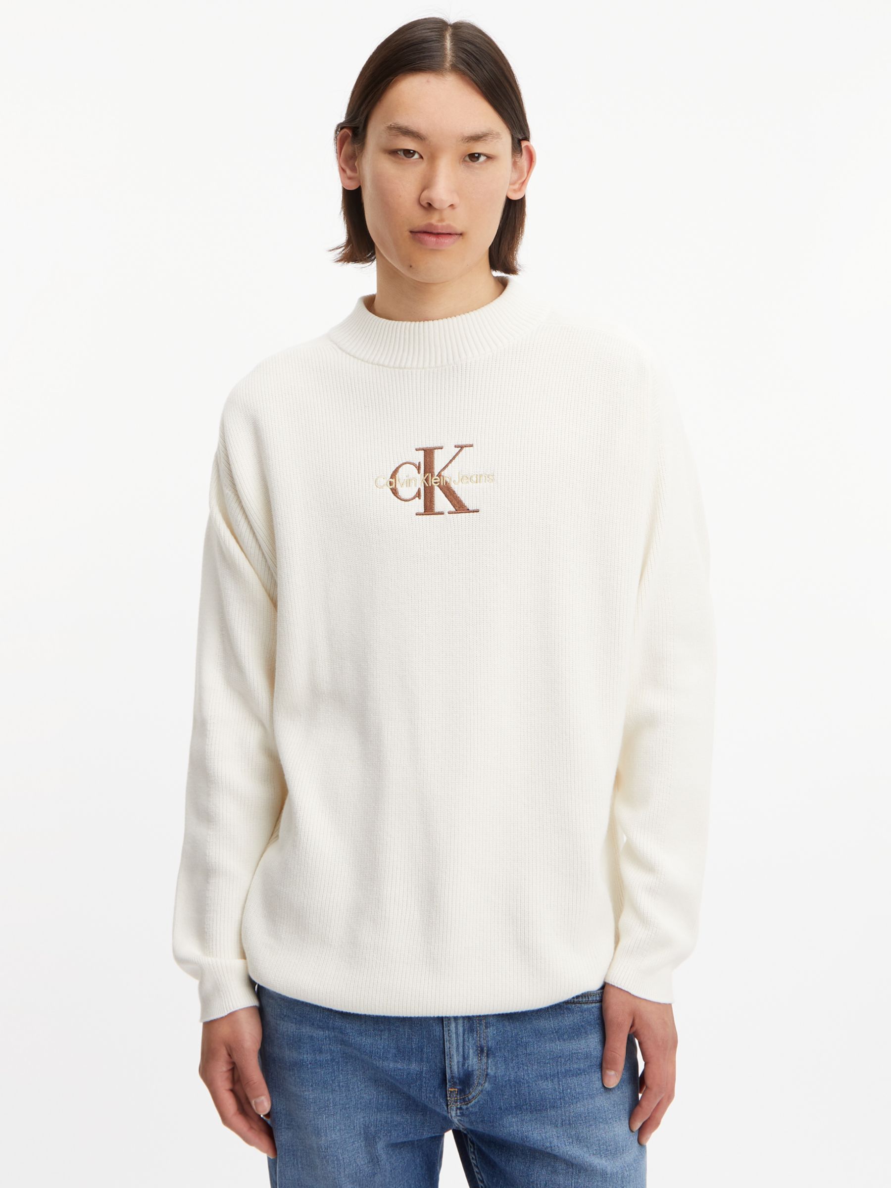 Calvin Klein Jeans Core Monogram Logo Cotton Jumper, Ivory, XS