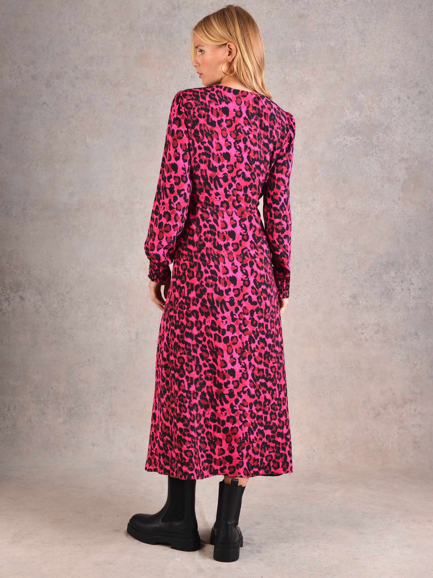 Buy Ro&Zo Leopard Print Tiered Midi Dress, Pink/Black Online at johnlewis.com