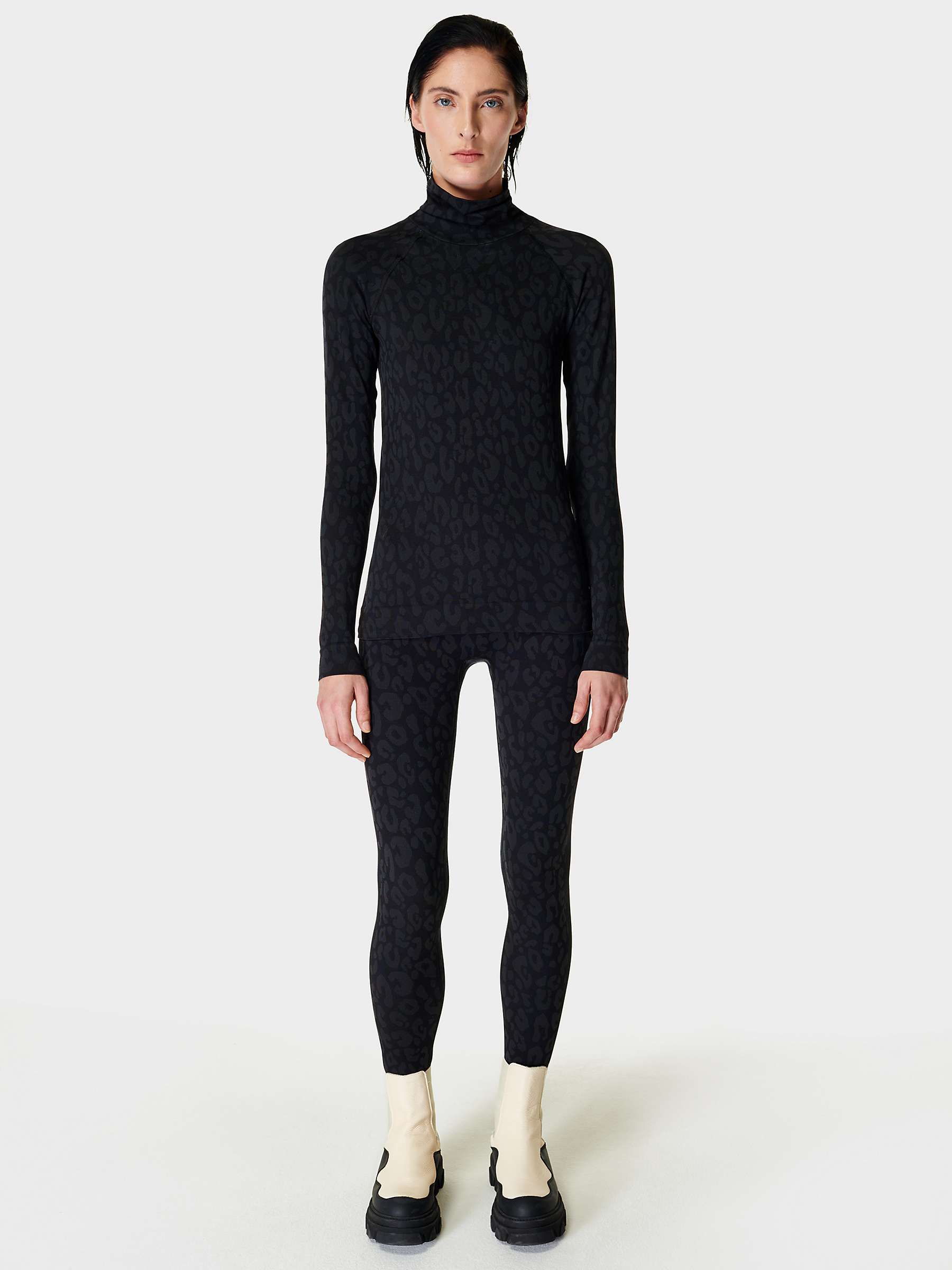 Buy Sweaty Betty High Neck Leopard Jacquard Base Layer Top, Black Online at johnlewis.com