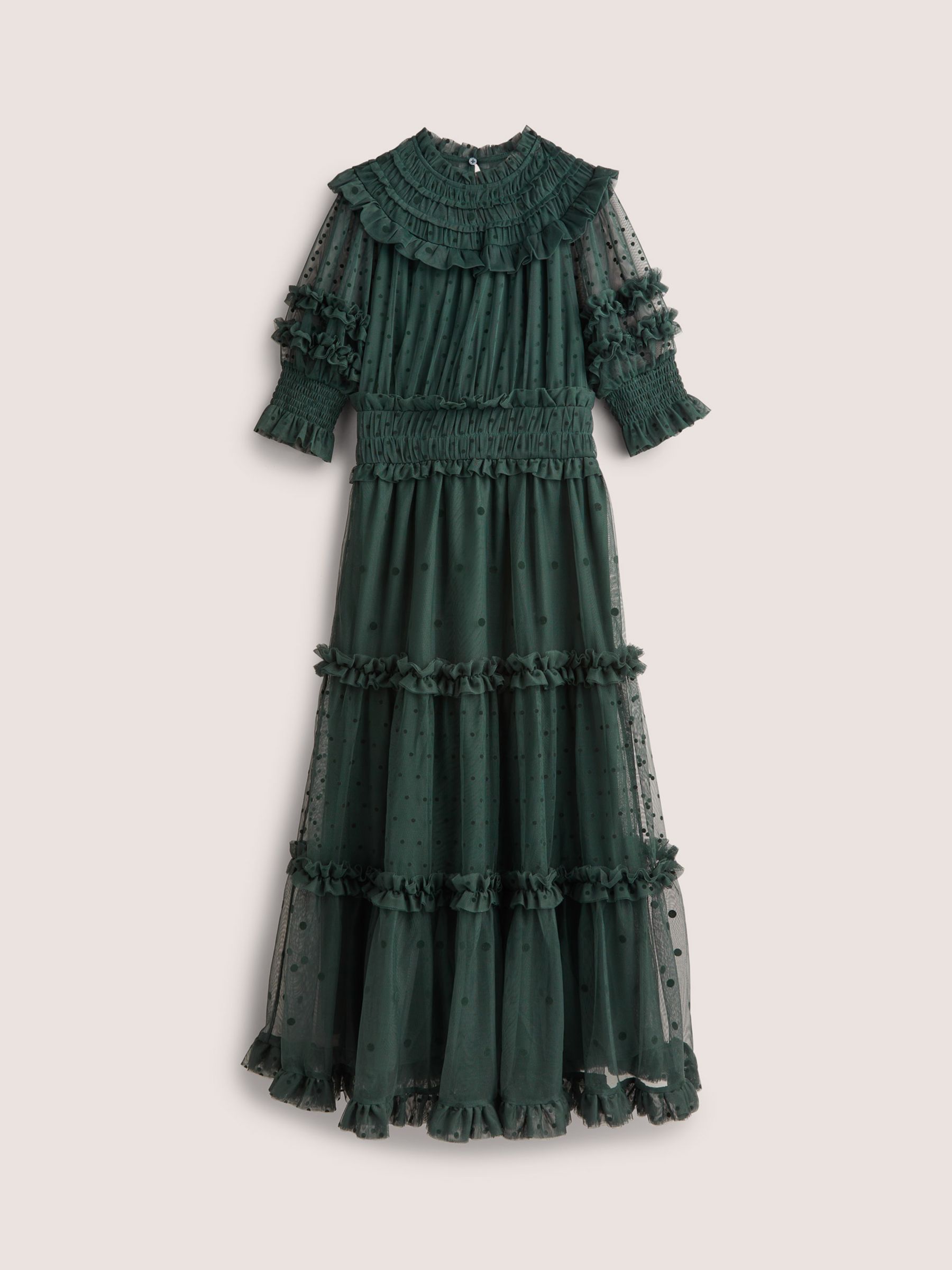 Boden Tulle Ruffle Midi Dress, Onyx Green, 10